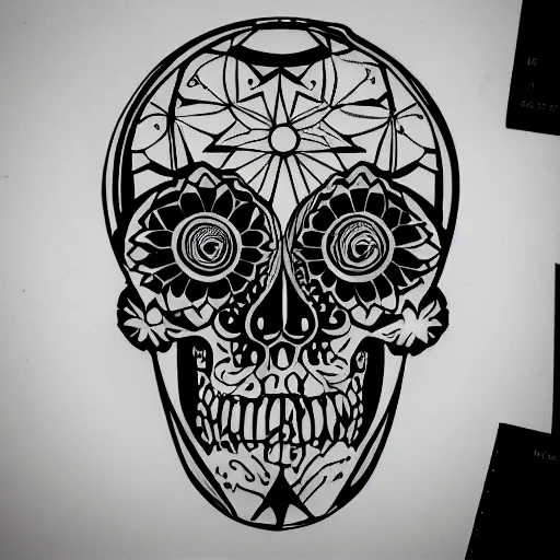 Image similar to tattoo design, stencil, tattoo stencil, traditional, a world famous tattoo of a geometric skull with a galaxy coming out of the top of its head-s 100