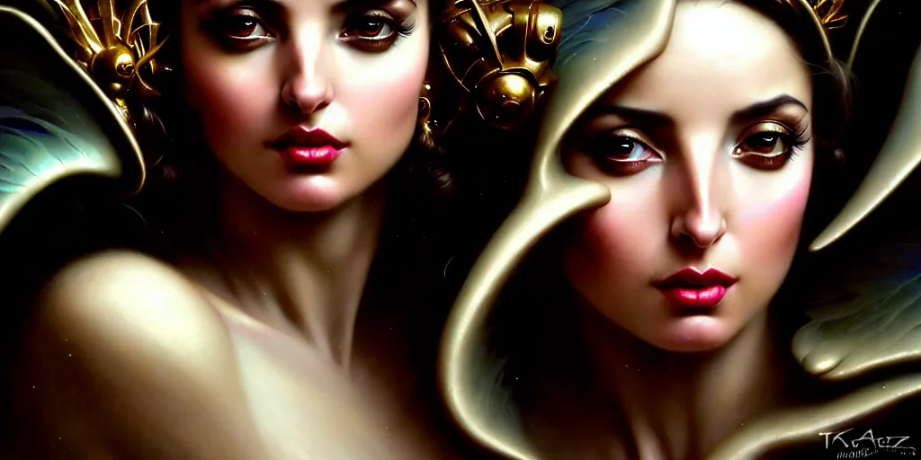 Prompt: closeup portrait shot of a beautiful ana de armas, fallen angel, evil, fancy, luxurious, elegant, sharp focus, warframe, illustration, thomas kinkade, tomasz alen kopera, peter mohrbacher, donato giancola, leyendecker, boris vallejo, john howe, da vinci, beautiful ethereal landscape in the background