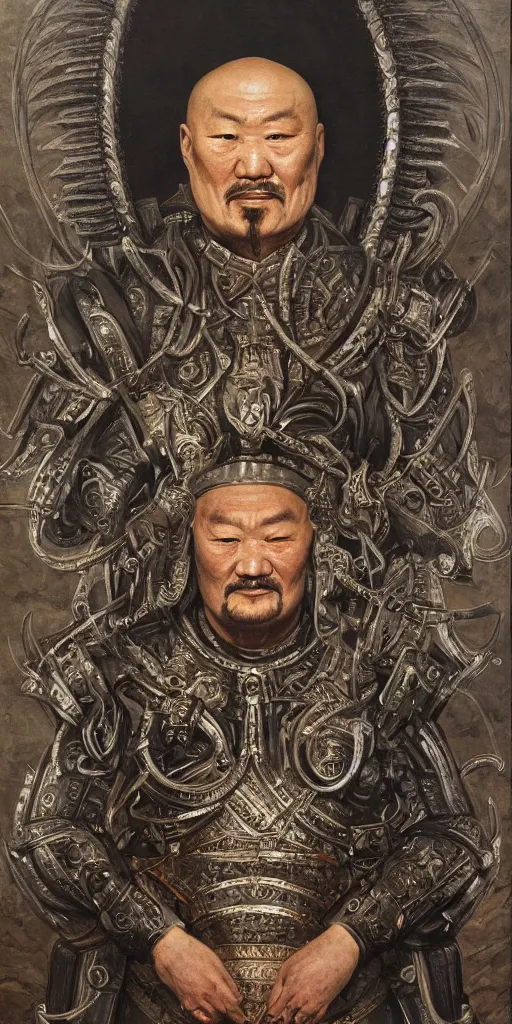 Image similar to a stunning and noble highly detailed portrait of genghis khan by h. r. giger, trending on artstation, oil painting masterpiece, symmetry, mysterious, very very very aesthetic