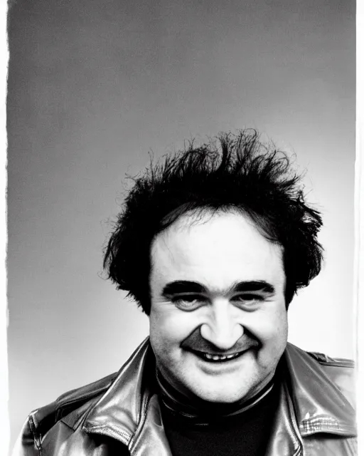 Image similar to headshot of a crazed smiling, mouth ode open, john belushi, he is wearing a leather bomber cap on his head, he is also wearing an a 2 flight jacket, a long white wool scarf is wrapped around his neck, he has a 5 o'clock shadow