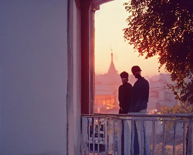 Image similar to lomo photo of pair standing on small hrushevka balcony full with cigarette smoke in small russian town looking at sunset, cinestill, bokeh