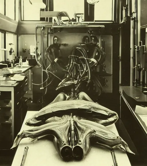 Image similar to Alien lying on an operation table in a lab, photograph from 1890, grainy, high detail, high resolution