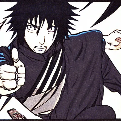 Image similar to Keanu Reeves teaches Sasuke how to chidori illustrated by Kishimoto highly detailed pen and ink manga panel