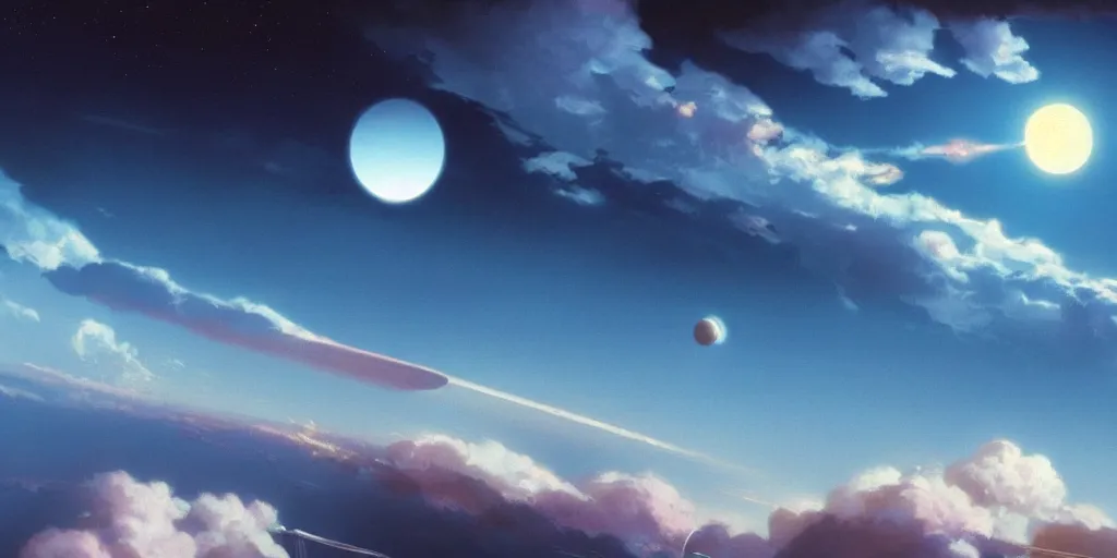 Image similar to blue dreamy cloudscape with a single planet in the clouds, daylight, cinematic lighting, cinematic perspective, syd mead, john harris, federico pelat,