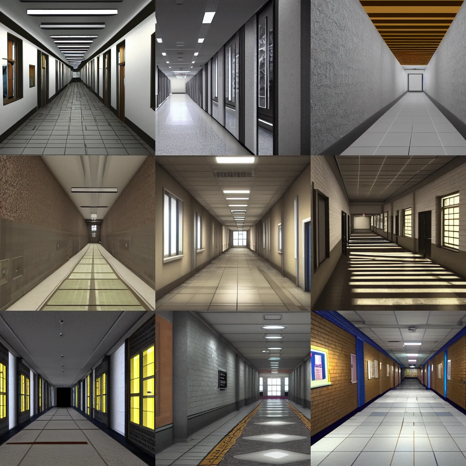Prompt: a school hallway, unreal engine, high quality, detailed