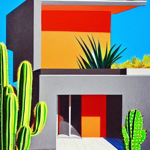 Prompt: brutalist villa with pool, summers day, ana popescu style art, shadow, cactus, colourful, detailed