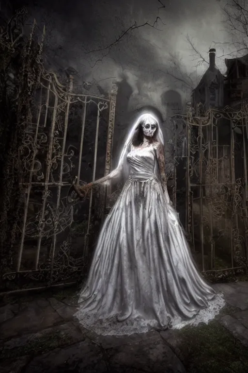 Prompt: a zombie bride with flowing dress and veil at the ornate gate of a decrepit house, night, mist, smoke, scary, spooky, dramatic lighting, moody, style of stephen jones, bernie wrightson, fantasy, horror, octane render 8 k