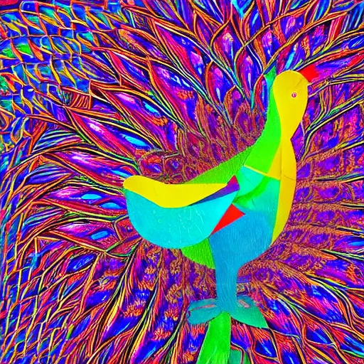 Image similar to A beautiful mixed media art of a large, colorful bird with a long, sweeping tail. The bird is surrounded by swirling lines and geometric shapes in a variety of colors by Klaus Wittmann, by Andy Goldsworthy kaleidoscopic