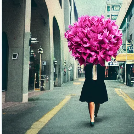 Image similar to giant rhododendron flower head, woman walking through city, surreal photography, cinema, realistic, symmetry, detailed, retro, wes anderson