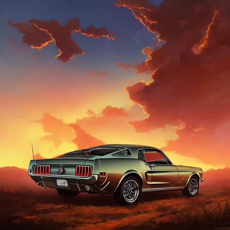 Prompt: a 1 9 6 8 mustang from behind driving down a country road, coriolios rpg art style, full of details, warm sunset colors, matte painting, artstation, 8 k, hyperrealistic, style of peter mohrbacher, album cover