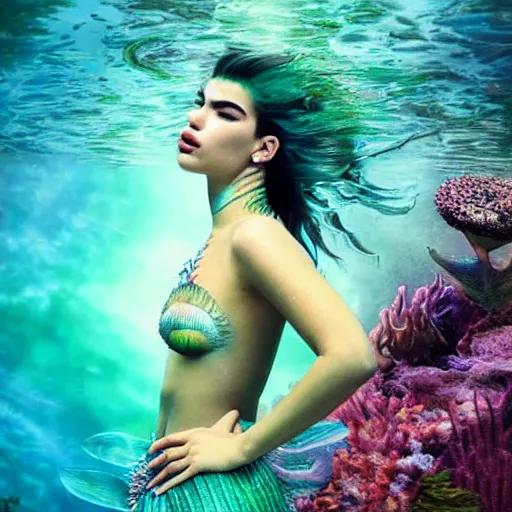 Prompt: Dua Lipa as a mermaid, underwater, colorfull, high detail, cinematic, digital art