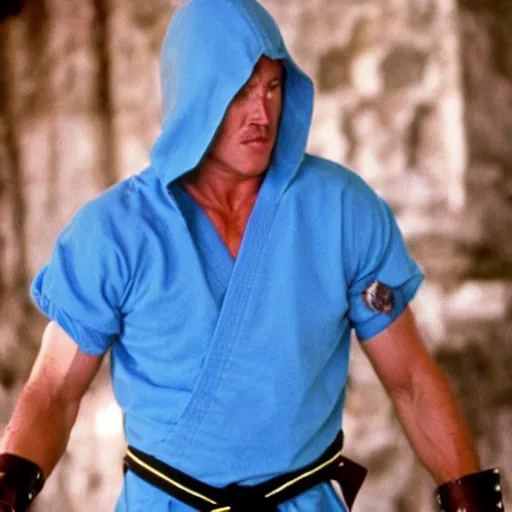 Prompt: linden ashby as a martial artist wearing a light blue hood in a dark medieval castle, 1 9 9 1, movie still