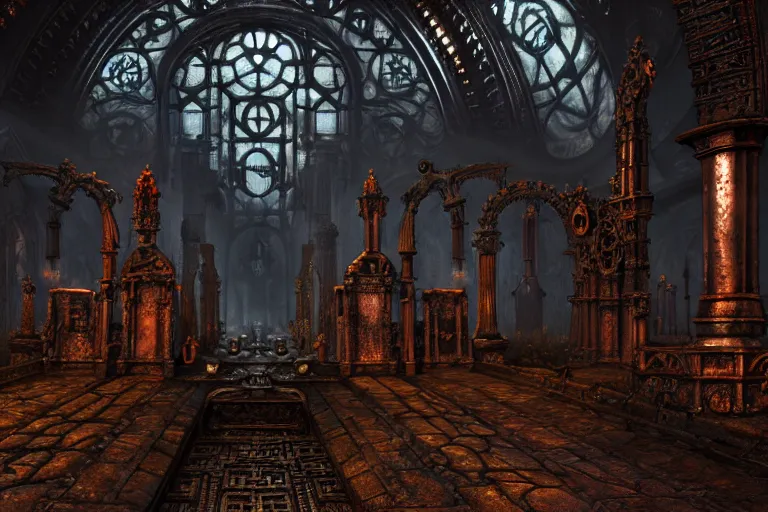 Image similar to steam necropolis, memento mori, gothic, neo - gothic, art nouveau, hyperdetailed copper patina medieval icon, stefan morrell, philippe druillet, ralph mcquarrie, concept art, steampunk, unreal engine, detailed intricate environment, octane render, moody atmospherics, volumetric lighting, ultrasharp, ominous, otherworldly