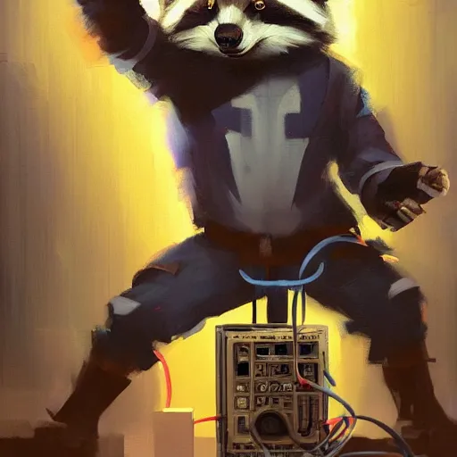 Image similar to greg manchess painting of a trash panda character, holding a box of cables and standing next to old electronic equiptment, medium shot, asymmetrical, profile picture, organic painting, night time, dark, neon lights, matte painting, bold shapes, hard edges, street art, trending on artstation, by huang guangjian and gil elvgren and sachin teng