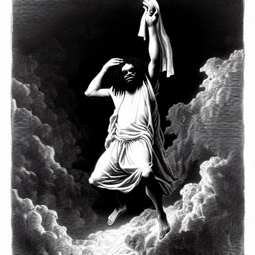 Image similar to cheef keef ascending into heaven holding cough syrup, biblical image, style of gustave dore, highly detailed, beautiful, high contrast, black and white