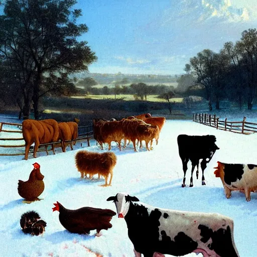 Image similar to feeding the animals at sunrise, dog, cows, sheep, chickens, ducks,, 4 k, ranch the morning after a light snowfall, by bob ross and norman rockwell