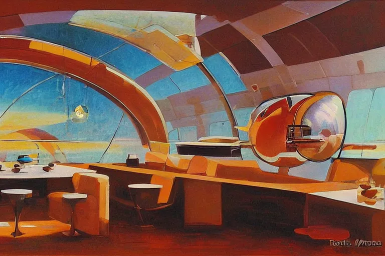 Image similar to coffee shop in a spaceship by robert theodore mccall