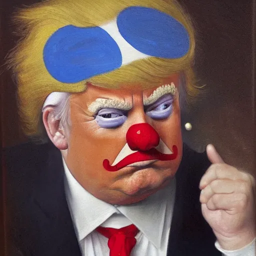 Image similar to Painting of Donald Trump as a clown. Old. Unhappy. Bald. Fat. Art by william adolphe bouguereau. Very very very very very very much detailed. Ugly. 4K. Award winning.