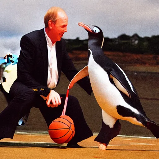 Prompt: Borris Johnson playing basketball with a penguin, hyperdetailed, 4k, best photo