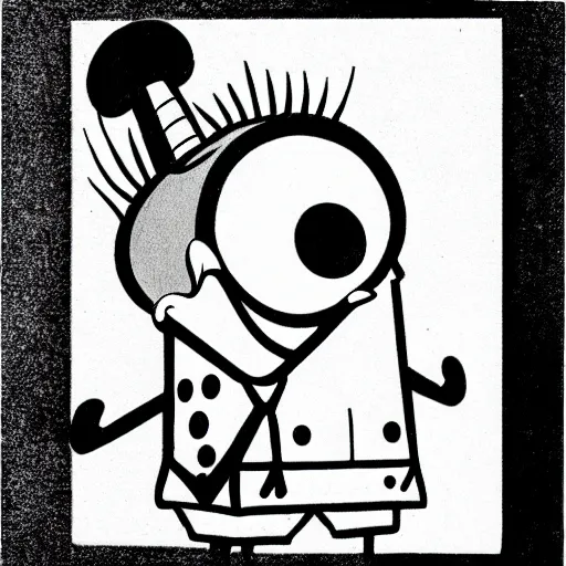 Prompt: spongebob squarepants, portrait, b&w, woodblock print, by Aubrey Beardsley