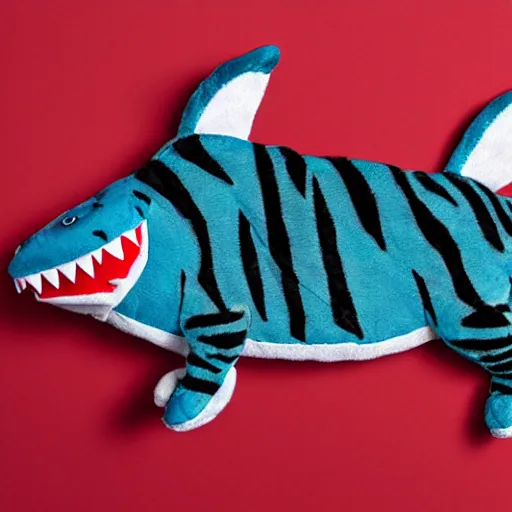 Image similar to a plush of a shark tiger chimera, a cross between a shark and a tiger, high quality product photo