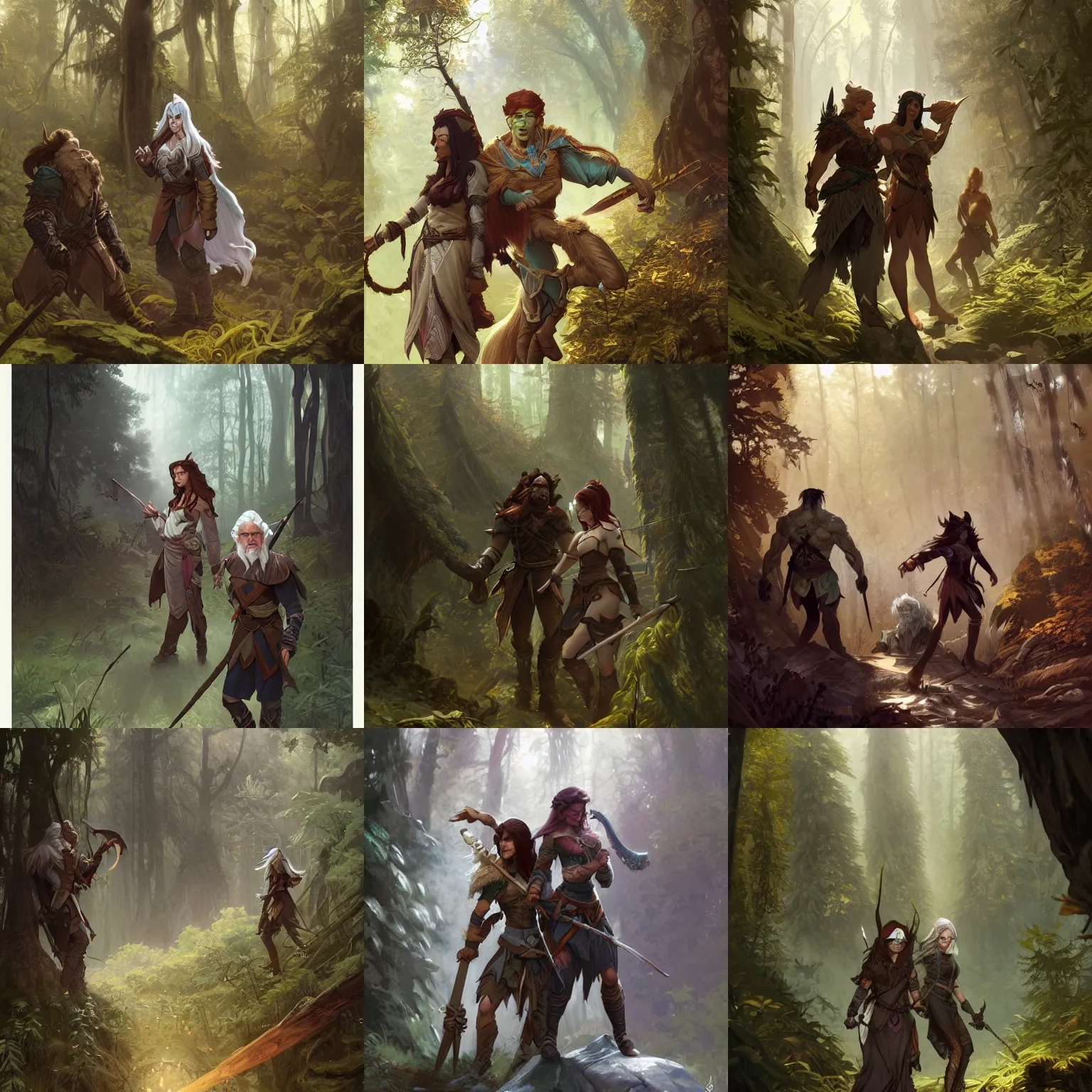 Prompt: two adventurers exploring a forest, a male half - orc fighter with brown hair, a female high - elf wizard with white hair, fantasy, highly detailed, digital painting, artstation, concept art, character art, art by greg rutkowski and tyler jacobson and alphonse mucha