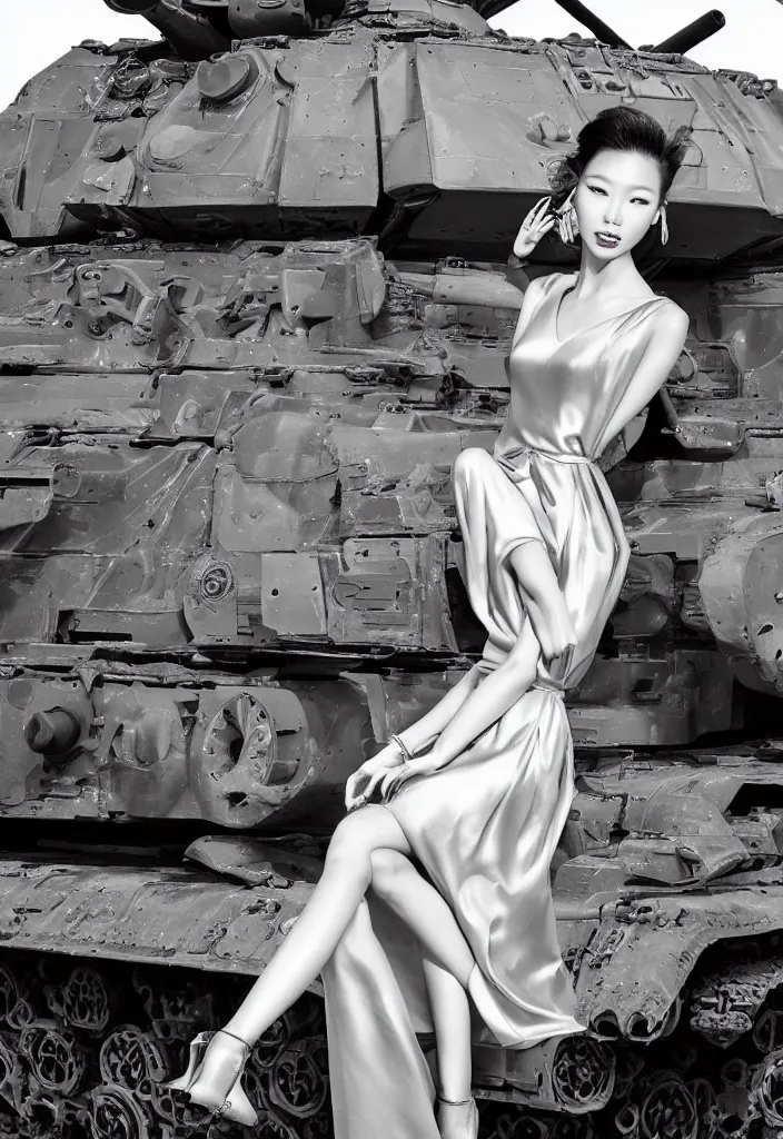 Image similar to gorgeous chinese model, elegant shiny reflective party dress, at the front of a military tank at dusk, high fashion photography for vogue italia