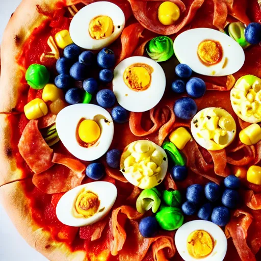 Prompt: a pizza with toppings of onions, peppers, sausage, ice cream, pepperoni, brussels sprouts, gummi worms, tide pods, pineapple, ham, deviled eggs, corn, celery, sesame chicken, oreos, carrots, blueberries, salmon, macaroni, depth of field, dynamic lighting, food photography, studio, bokeh