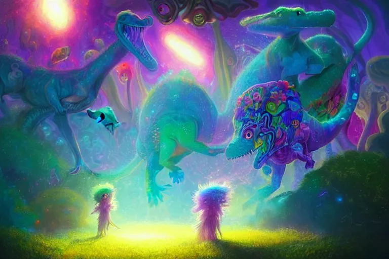 Image similar to a psychedelic realm made entirely out of love and acceptance and hypercolors. astral beings sharing love. cute smiling glowing skin glowing chibi style pixar baby dinosaurs in the style of greg rutkowski and wlop and lisa frank! and bob ross!!! and ruan jia, illustration, epic, fantasy, hyper detailed, smooth, unreal engine, sharp focus, ray tracing