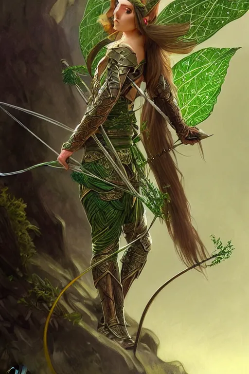 Image similar to male elven Archer armor made of green leaves, fantasy, amber eyes, face, long hair, intricate, elegant, highly detailed, digital painting, artstation, concept art, smooth, sharp focus, illustration, art by artgerm and greg rutkowski and alphonse mucha