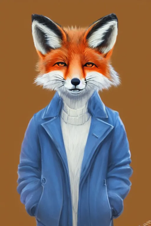 Image similar to portrait of a small fox wearing blue coat stood outside a school gate, trending on artstation, highly detailed, digital painting, volumetric light, concept art, middle focus, illustration, cel shaded, studio ghibli, cute
