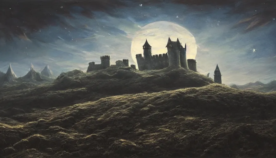 Prompt: Desolate landscape with menacing castle atop dark hill, cosmic beast flies overhead, oil painting, hyperrealistic, moonlit cinematic lighting