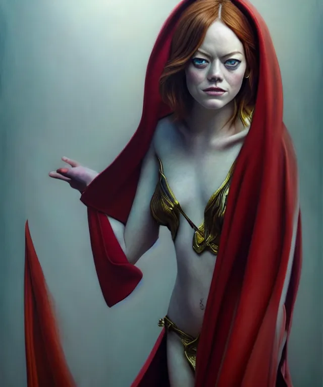 Image similar to hyperrealistic mixed media painting of Emma Stone as a beautiful young female mage, stunning 3d render inspired art by P. Craig Russell and Barry Windsor-Smith + perfect facial symmetry + dim volumetric lighting, dark red hair, pale skin, crimson robes, dizzy, full body, confident heroic pose, arms crossed, d&d, 8k octane beautifully detailed render, post-processing, extremely hyperdetailed, intricate, epic composition, grim yet sparkling atmosphere, cinematic lighting + masterpiece, trending on artstation, very very detailed, masterpiece, stunning