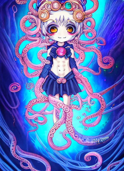 Image similar to A full shot of a chibi girl from the Abyss covered in opal. Symmetrical. Underwater. Dark foreboding Atmosphere. Sailor Moon. Tentacles. Kawaii. Rainbows. By Lisa Frank and HR Giger and Ross Tran. Key Art. Fantasy Illustration. award winning, Artstation, intricate details, realistic, Hyperdetailed, 8k resolution. Photoreal. Octane Render.