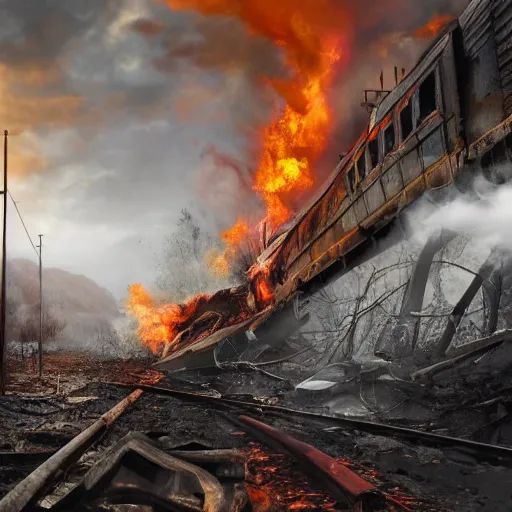 Prompt: a person at a trainwreck, devastation on the railroad, atmospheric smoke and fog, fire and flames, post-apocalyptic, Cinematic horror, high detail, 4k