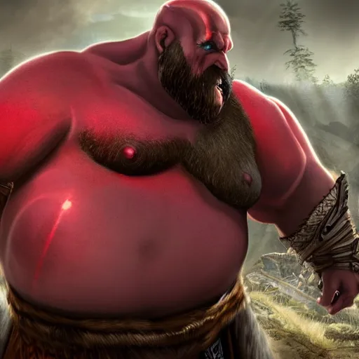 Image similar to morbidly obese god of war has like ten chins