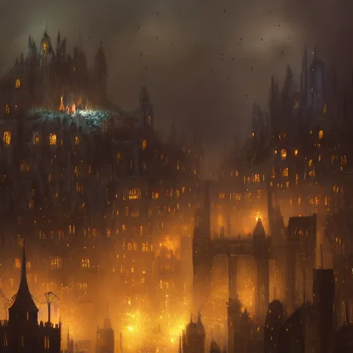 Image similar to fantasy dark medieval cityscape, painting, drone shot, lights in the dark, lanterns, fog, people in the streets, sharp roofs, small buildings, city wall, smoke, dark fantasy, magic the gathering, fantastic artwork, 4 k, trending on artstation, by greg rutkovski, high fantasy, barren landscape, fountains of blood