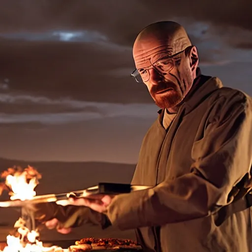 Image similar to Walter White making pizza in the desert, dramatic lighting, blowtorch, still from breaking bad (2010)