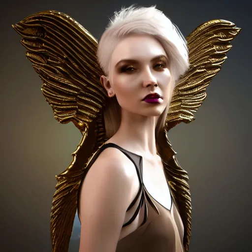 Image similar to fantasy angel with wings inspired avant - garde art, deco fashion, highly detailed, photorealistic portrait, bright studio setting, studio lighting, crisp quality and light reflections, unreal engine 5 quality render