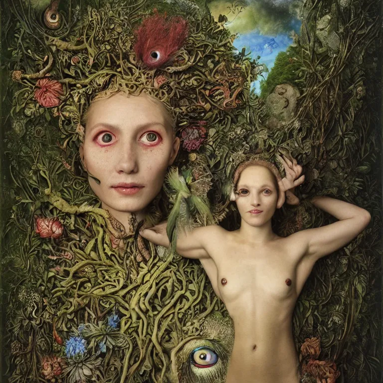 Prompt: a fish eye lense photograph of a grinning alien dryad with goat pupils transforming herself into a beast. her skin is covered in scales and feathers. flowers surround her body and trees tower around her. painted by jan van eyck, max ernst and ernst haeckel, trending on artstation, 8 k, award winning, hard lighting, photorealistic painting, fashion editorial