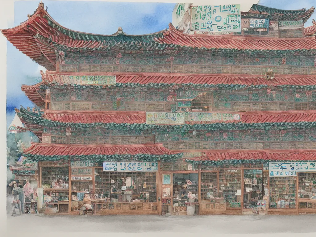 Prompt: a beautifully and highly detailed watercolor of a south korean tea shop, by me kyeoung lee,