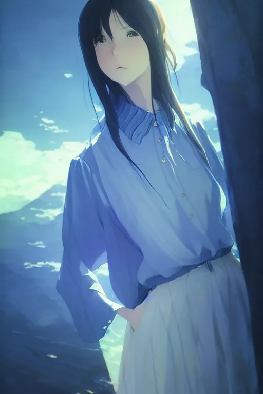 Prompt: a portrait of the sapphire herald in an elegant summer blouse, by makoto shinkai, by akihiko yoshida, by zdzislaw beksinski, by dariusz zawadzki, artbook, tone mapped, deep blues, shiny, soft lighting