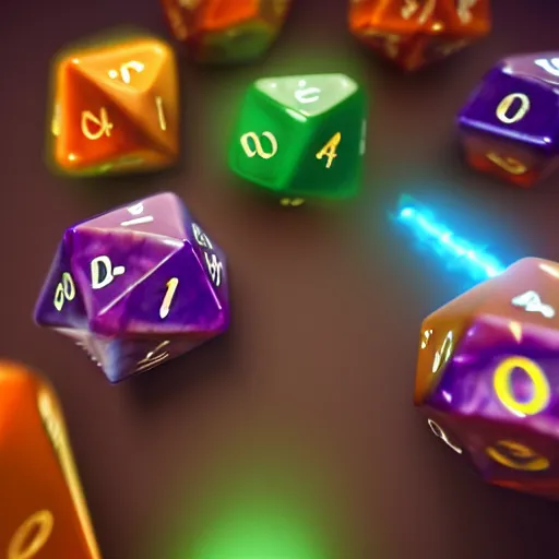 Prompt: rol game players throwing d 2 0 dice. unreal engine 5. octane render. vray. arnold. maya. 1 8 mm lens. low angle, wide lens. trending on artstation. vegas. depth of field. colorful. d & d.