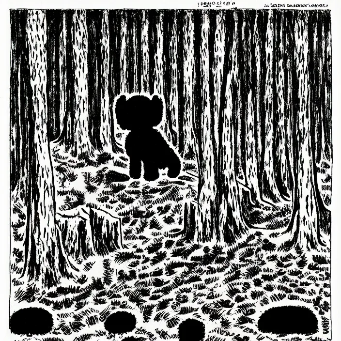 Image similar to a still frame from comic strip, one black furry hairy dog sitting in an ancient forest, centered composition 1 9 5 0, herluf bidstrup, new yorker illustration, monochrome bw, lineart, manga, tadanori yokoo, simplified,