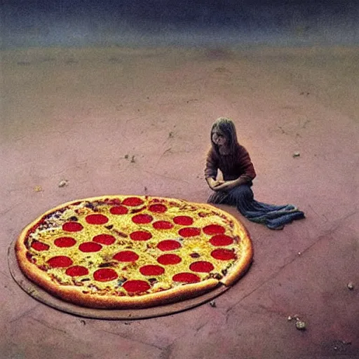 Image similar to pizza on the ground painted by beksinski, oil painting, high detail, moody, atmospheric light, 8 k, colorful