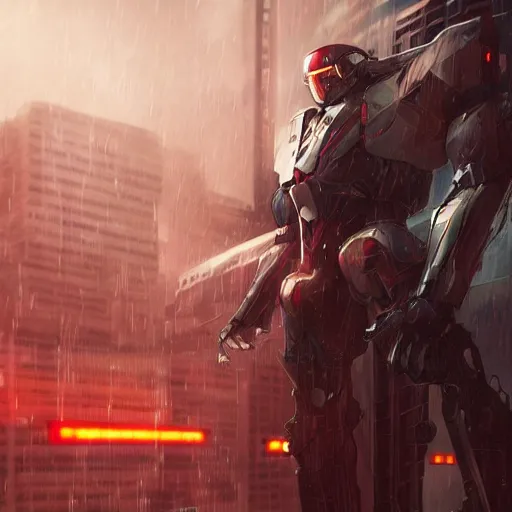 Prompt: An realistic epic fantastic comic book style portrait painting of a mecha warrior machine by WLOP, black and reddish color armor, cyberpunk feel raining at tokyo rooftop, Concept world Art, unreal 5, DAZ, hyperrealistic, octane render, cosplay, RPG portrait, dramatic lighting, rim lights