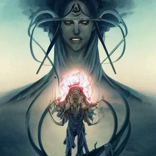 Prompt: paralyzed possessed by the deceased, the all seeing eye in the forehead of reality, a fire of a million guns, the mother of a millions sounds, god emperor of civilization illustration trending on artstation, anime. by peter mohrbacher and artgerm and greg rutkowski and ilya kuvshinov. high quality, stunning, intricate detailed landscape. 8 k