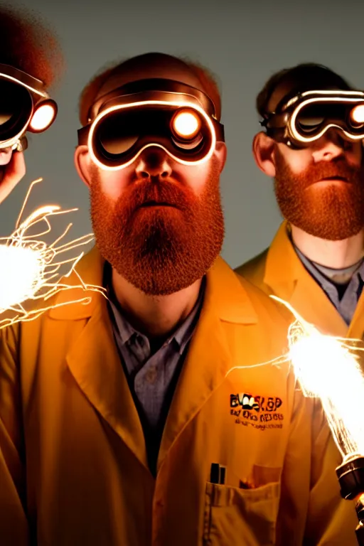 Image similar to a person with 3 eyes, person with a 3rd eye in the middle of their forehead, an awkwardly tall scientist with 3 eyes and a tangled beard and unruly red hair atop his balding head wearing a headlamp a labcoat and welding goggles and holding a beaker, led headlamp, high resolution film still, movie by Ivan Reitman