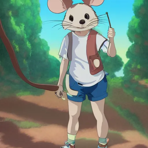 Image similar to in the style of studio ghibli, anthropomorphic mouse, female, wearing denim shorts and tank top, detailed, intricate, aesthetic, artistic, ambient occlusion, volumetric light effect, 8 k resolution