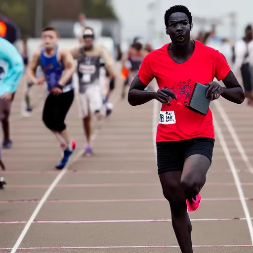 Prompt: photograph of an athletic man holding a bible while running. Bible is in their hands. Zombies in the background. Track and field event. DSLR Photography